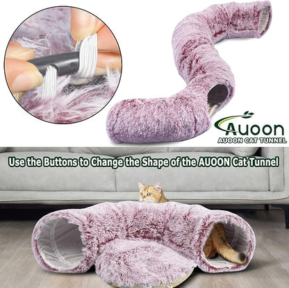 AUOON Cat Tunnel Bed with Central Mat,Big Tube Playground Toys,Soft Plush Material,Full Moon Shape for Kitten,Cat,Puppy,Rabbit,Ferret (Rosiness)