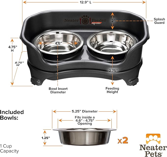 Neater Feeder - Express Model - Mess-Proof Cat Bowls (Cat, Black) – Made in USA – Elevated, No Spill, Non-Tip, Non-Slip, Raised Stainless Steel Food & Water Pet Bowls