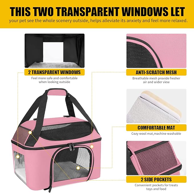 Large Cat Carrier for 2 Cats, Oeko-TEX Certified Soft Side Pet Carrier for Cat, Small Dog, Collapsible Travel Small Dog Carrier, TSA Airline Approved Cat Carrier for Large Cats 20 lbs-Pink