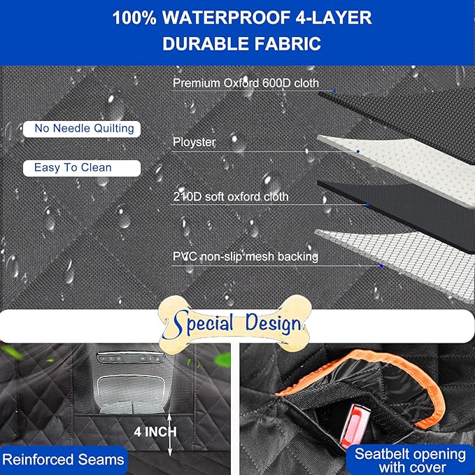 Dog Car Seat Cover for Back Seat 600D Scratchproof Nonslip Durable Waterproof Cars Pet Backseat Covers with Mesh Window Dogs Hammock for Car，SUV (54" W 58" L)