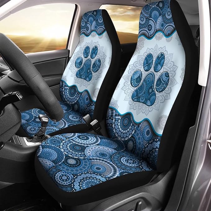Blue Boho Mandala Dog Paw Printed Car Seat Cover only for Front