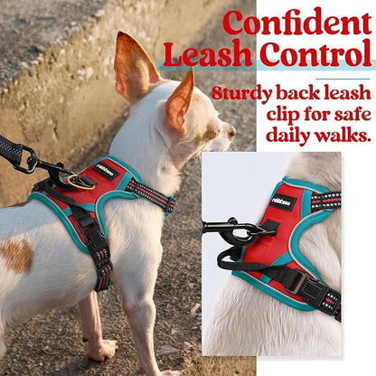 rabbitgoo Dog Harness, No-Pull Pet Harness with 2 Leash Clips, Adjustable Soft Padded Dog Vest, Reflective No-Choke Pet Oxford Vest with Easy Control Handle for Large Dogs, Red & Teal, X-Small