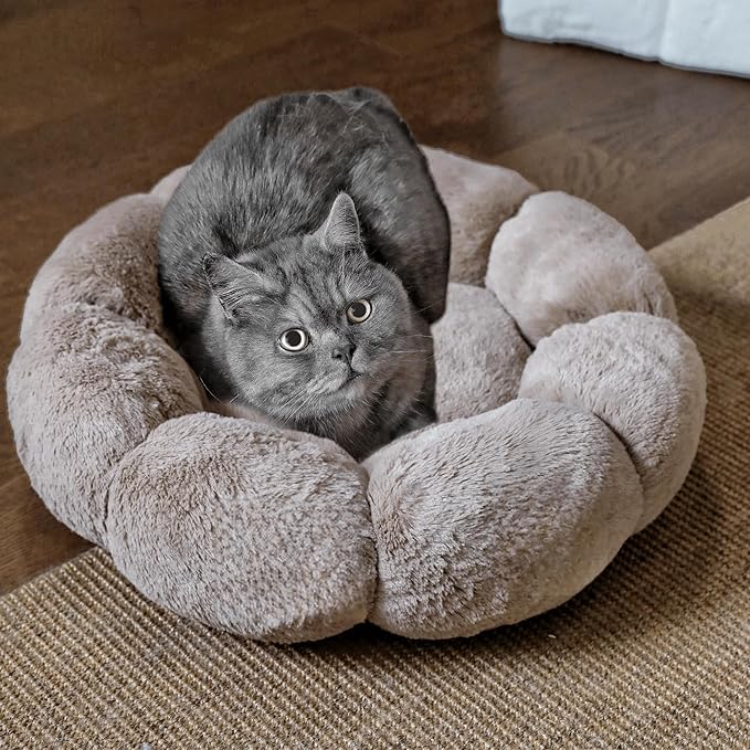 Cat Beds for Indoor Cats, Machine Washable Non-Skid, Fluffy Flower Cat Bed Cute, Anti Anxiety Dog Beds for Toy Size Dogs, 20 * 20 Inches, Brown