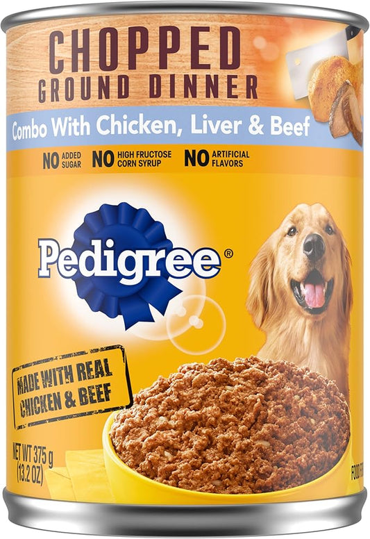 PEDIGREE CHOPPED GROUND DINNER Adult Canned Soft Wet Dog Food Combo with Chicken, Liver & Beef, 13.2 oz. Cans (Pack of 12)