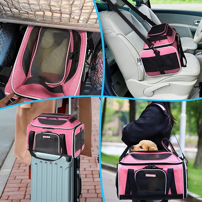 Petskd Top-Expandable Pet Carrier 17x12x8.5 Inches JetBlue Frontier Spirit Airline Approved, Soft-Sided Carrier for Small Cats and Dogs with Locking Safety Zippers and Anti-Scratch Mesh(Pink)