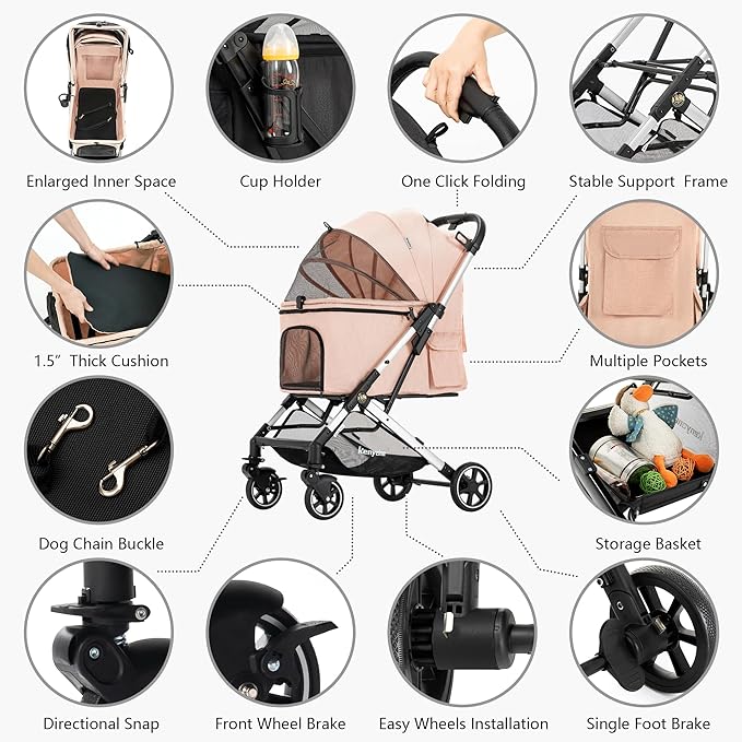 Kenyone Pet Stroller for Small to Medium Dogs Durable Cat Stroller with Lightweight Aluminum Frame