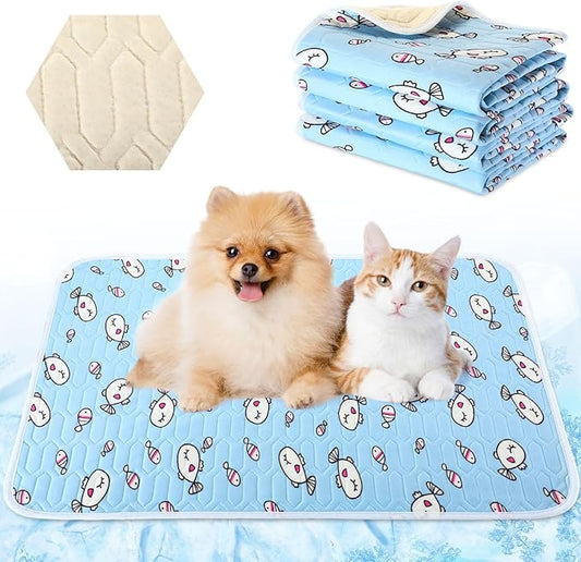 4 Pcs Dog Cooling Mat 28'' x 20'' Pet Cooling Mat for Dogs Cat Summer Self Cooling Mat Ice Silk Chill Pads Washable Cooling Bed Cooling Cushion for Kennel Crate Car Seat Puppy, Blue