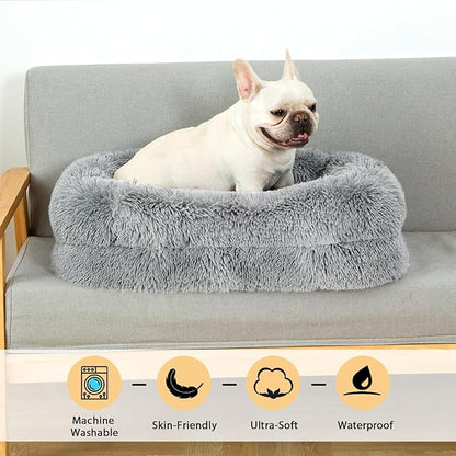 2 in 1 Calming Dog Beds for Medium Dogs, Dual Layer Orthopedic Egg Crate Foam & Memory Foam Faux Fur Shag Pet Mattress Warming Rectangle Cuddle Bed Comfy Anti Anxiety, Anti-Slip Washable Cover