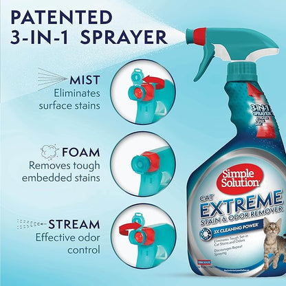 Simple Solution Extreme Pet Stain and Odor Eliminator Spray for Dogs & Cats, Enzyme Cleaner With 3X Pro-Bacteria Cleaning Power- Strong Urine Pee & Poop Carpet & Floor Stain Remover, 32 oz (Pack of 2)