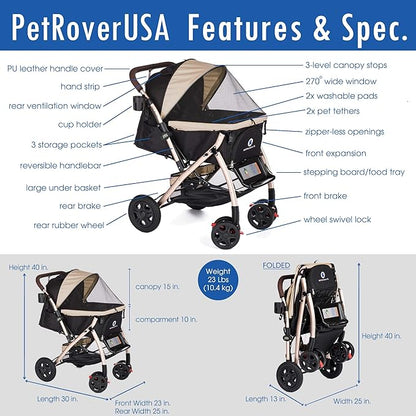 HPZ Pet Rover XL Extra-Long Premium Heavy Duty Dog/Cat/Pet Stroller Travel Carriage for Small 2nd-Gen)