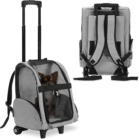 KOPEKS Deluxe Backpack Pet Travel Carrier with Double Wheels - Heather Gray - Approved by Most Airlines