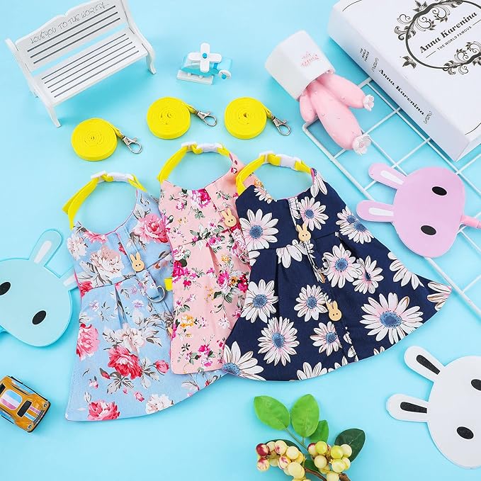 3 Piece Cute Rabbit Leash and Harness Set, Bunny Rabbit Dress Clothes Walking Harness Vest Escape Proof Pet Supply for Rabbit Hedgehog Ferret Guinea Pig (Pink Flower, Blue Flower, Daisy)