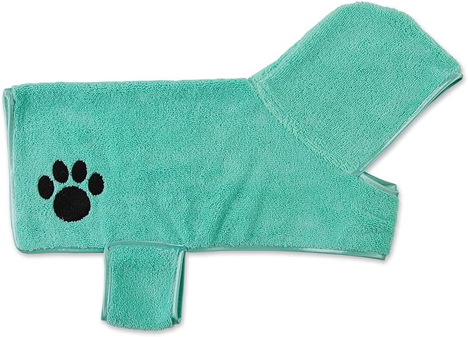 Bone Dry Pet Robe Collection, Embroidered Absorbent Microfiber Bath Robe with Adjustable Closure, for Dogs & Cats, Small, Aqua