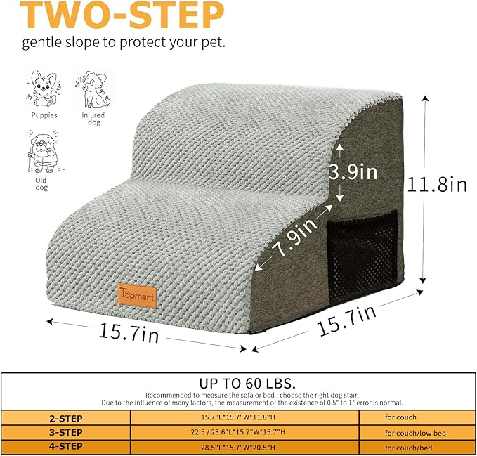 Topmart 2 Tiers Foam Dog Stairs/Steps for Small Dogs Pain,11.8”H