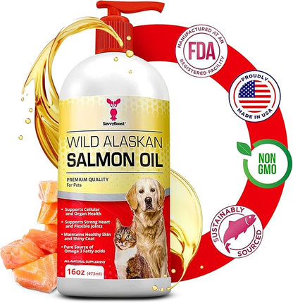 Wild Alaskan Salmon Oil for Dogs, Cats, Ferrets: Unscented Anti-Itch Skin and Coat Supplement with Omega-3 Vitamins - Liquid Fish Allergy Relief Pump on Food - Kitten Supplies & Accessories Stuff