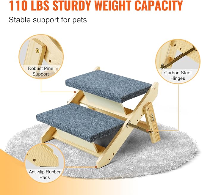 VEVOR Wood Pet Stairs/Pet Steps 2-in-1 Foldable 2 Steps 110 lbs