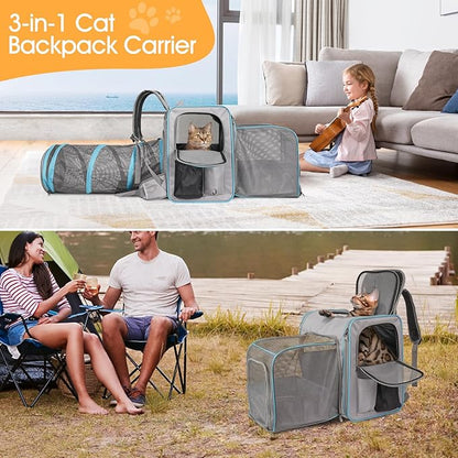 Cat Backpack Carrier with Litter Box, Expandable Portable Cat Carrier Backpack with Cat Tunnel, Cat Travel Carrier with Litter Box, up to 20 lb to Road Trip, Camping, Hiking, Grey