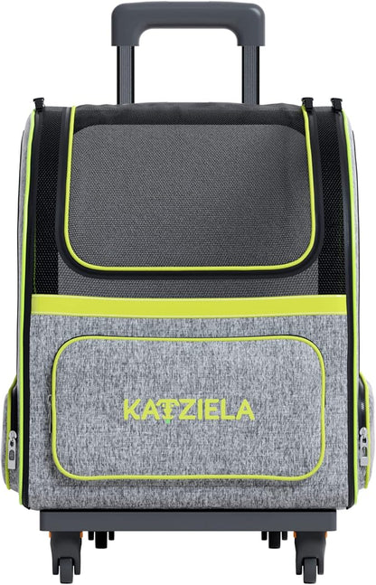 Katziela Wheeled Pet Carrier Backpack - Soft Sided, Airline Approved Hiking Carrying Bag for Small Dogs and Cats – Removable Rolling Wheels – Mesh Ventilation Windows, Storage Pockets (Green/Gray)