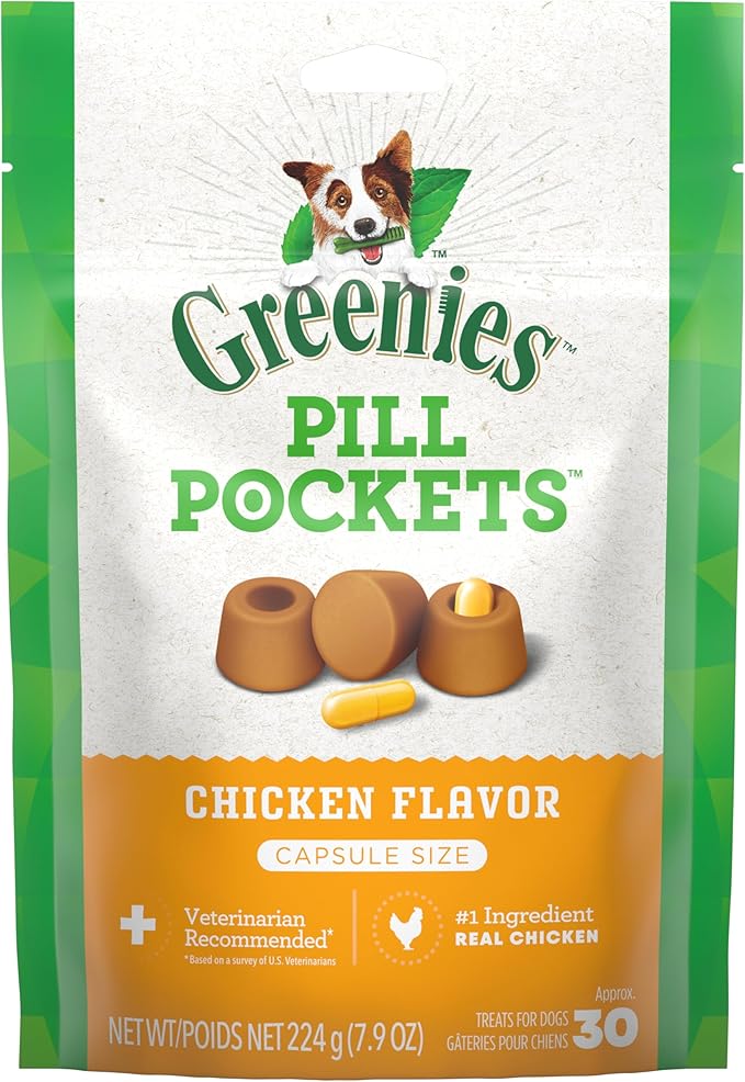 Greenies Pill Pockets for Dogs Capsule Size Natural Soft Dog Treats, Chicken Flavor, 7.9 oz. Pack (30 Treats)