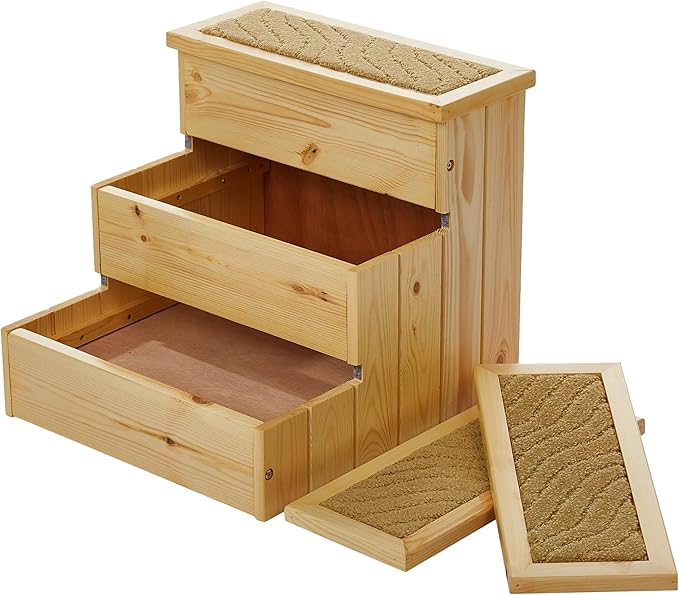 TRIXIE Indoor Wooden 3-Step Pet Stairs with Storage Compartments for Pet Toys, Natural