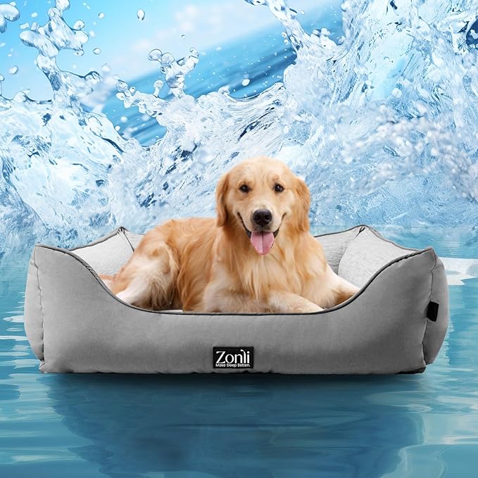 ZonLi Cooling Dog Bed, Dog Bed for Large Dogs, Dog Cooling Bed with Bolsters Waterproof, for Dogs Up to 40 lbs, Pet Bed with Washable Cover, Non-Slip Bottom, Without Gel, Arctic Grey