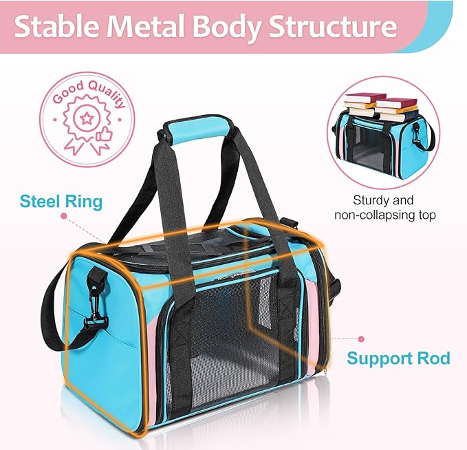 Cat Dog Carrier Up to 15 Lbs TSA Airline Approved Pet Carrier for Small Medium Cats Puppies Dog Carriers for Small Dogs Collapsible Soft Sided Cat Travel Carrier - Blue&Pink 15.7"x10.2"x10.2"