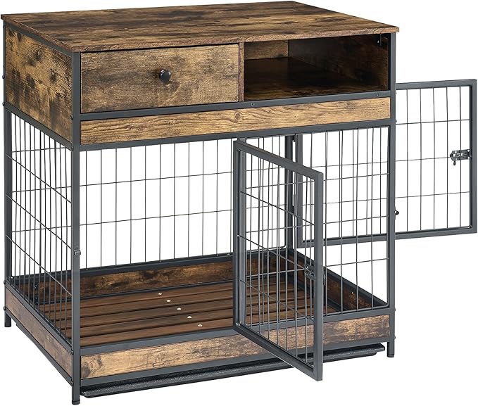 Okak Dog Crate Furniture Wooden Dog Crate Table with Drawers and Wheels Heavy Duty Dog Cage with Double Iron Doors Dog Kennel Indoor for Medium/Large Dog Brown,31.5" L