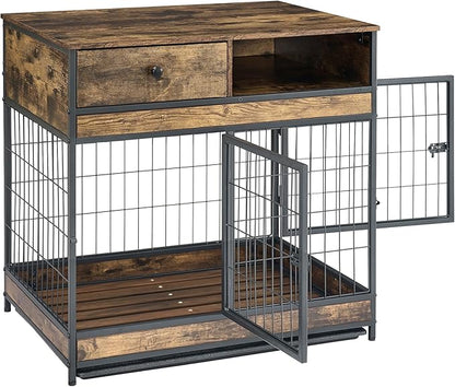 Okak Dog Crate Furniture Wooden Dog Crate Table with Drawers and Wheels Heavy Duty Dog Cage with Double Iron Doors Dog Kennel Indoor for Medium/Large Dog Brown,31.5" L
