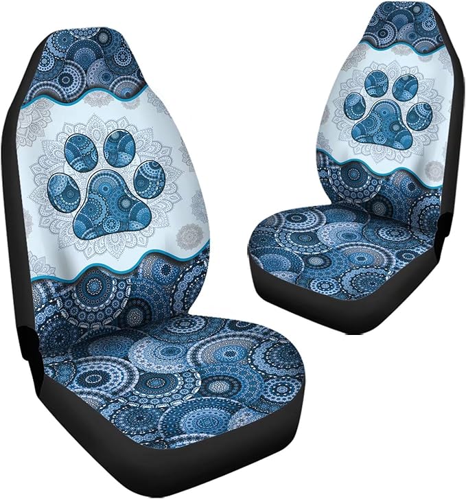 Blue Boho Mandala Dog Paw Printed Car Seat Cover only for Front