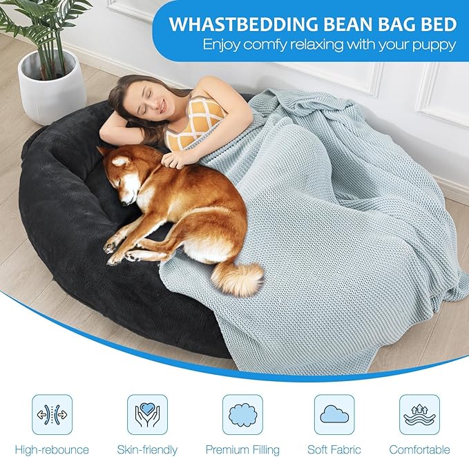 WhatsBedding Large Human Dog Bed 72"x48"x10" Human Size Dog Bed for People Adults,Soft Fur Oval Nap Beanbag Bed for Adults and Pets with Soft Fur Cover, Black