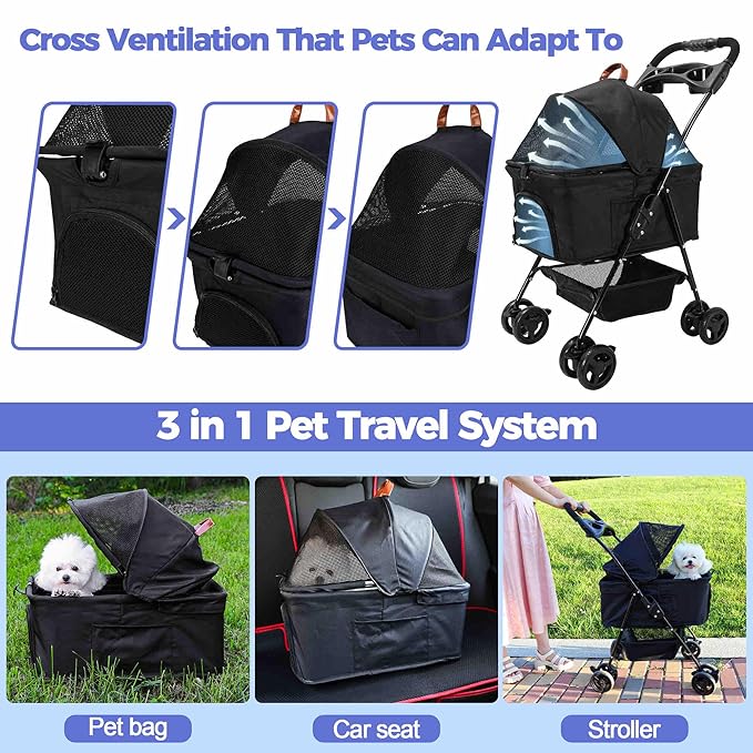 Pet Stroller Dog Strollers for Small Dogs 4 Wheels Rotate 360 Degrees with Brakes