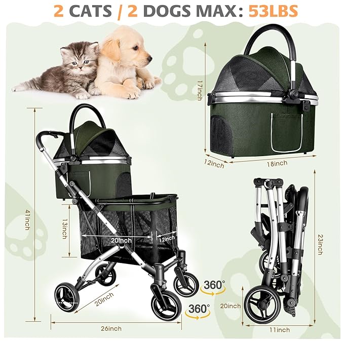 Double Pet Stroller for 2 Dogs or Cats 52LBS Green