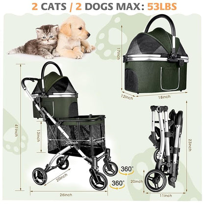 Double Pet Stroller for 2 Dogs or Cats 52LBS Green