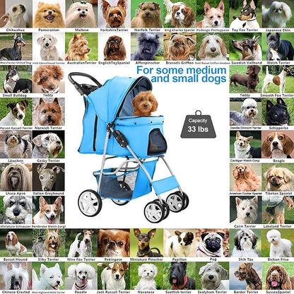 Pet Stroller for Small Dogs and CatsQuick-Folding Portable Travel Cat Dog Stroller with Storage Basket and Cup Holder 4 Wheels,