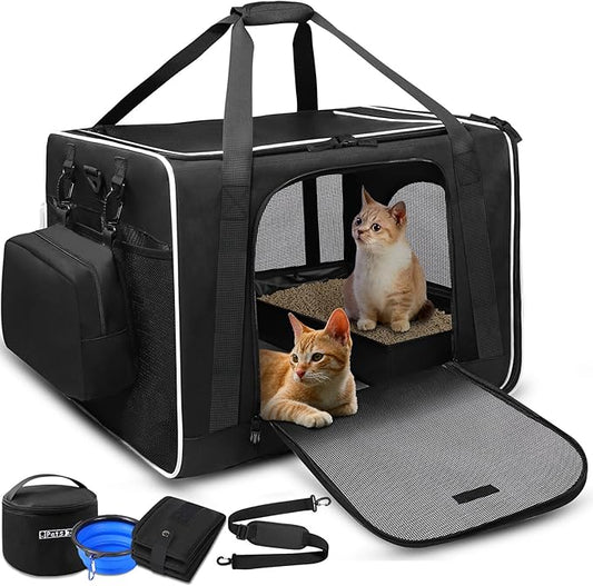 Petskd 24"x17"x17" Pet Carrier for Large Cats or Medium Dogs - Car Travel Carrier with Litter Box, Bowl, and Locking Zipper