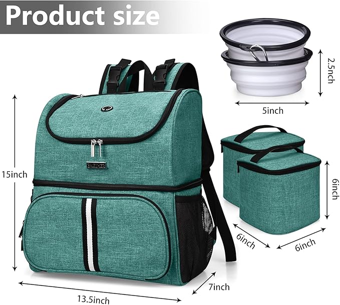 BAGLHER Pet Travel Bag, Double-Layer Pet Supplies Backpack (for All Pet Travel Supplies), Pet Travel Backpack with 2 Silicone Collapsible Bowls and 2 Food Baskets Green