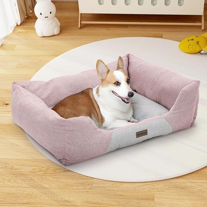 MoNiBloom 32"x26"x8" Dog Beds for Large Size Dogs Machine-Washable Linen-Like Fabric Pet Beds Warming Cozy Soft Bed for Dogs and Cat
