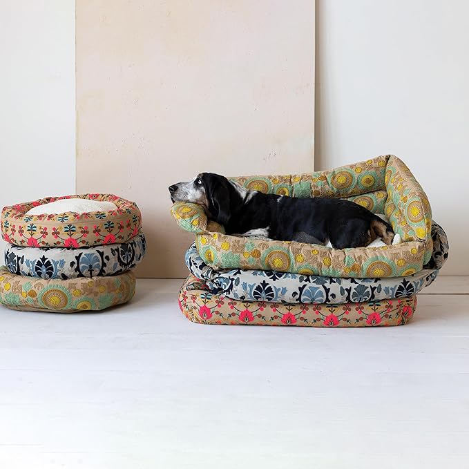 Creative Co-Op Round Cotton Embroidered & Sherpa Pet