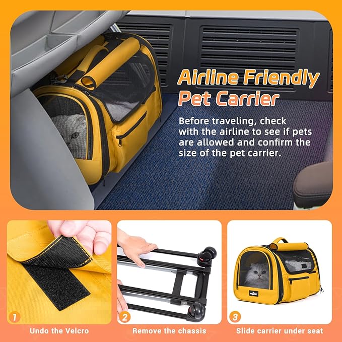 Cat Carrier with Wheels, Foldable Airline Approved Dog Cat Carrier with Wheels for Cat Dog Under 20 lbs, Rolling Cat Carrier Travel Bag with Telescopic Handle for Walking Travel Vet Visits