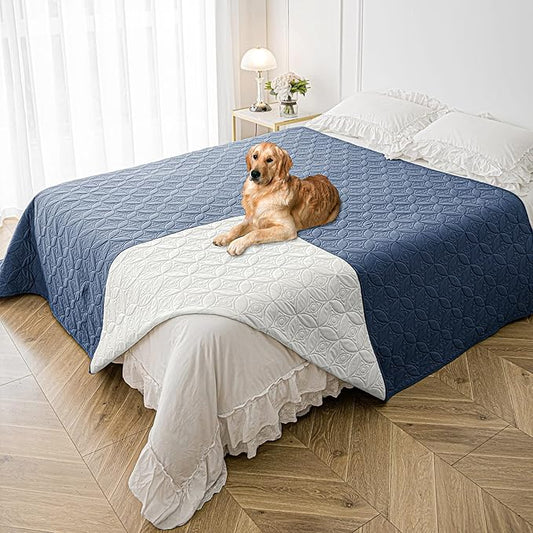 Waterproof Dog Blanket, 82x82 inches Pet Couch Covers for Sofa, Bed Furniture Protector from Dogs Washable and Reversible-Blue+Cream