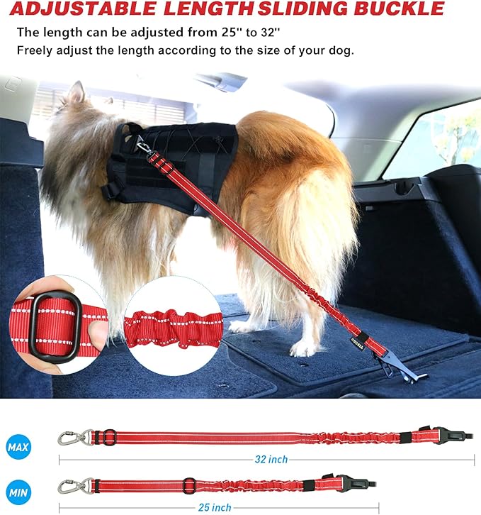 AUBELL Dog Seat Belt, Updated 3-in-1 Pet Car Seat Belt for Dogs, Bungee Dog Car Tether with Clip Hook Latch & Buckle, Heavy Duty Dog Car Harness with Swivel Aluminum Carabiner,Red