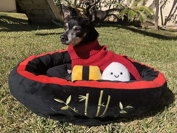 TONBO Soft Plush Small Cute and Cozy Sushi Dog Cat Bed with Two Sushi Crinkle Toys, Washer and Dryer Friendly, (Black)