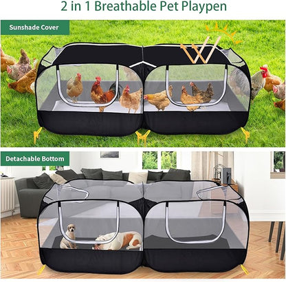 Jhua Pet Playpen for Small Animals, Portable Chicken Run with Detachable Bottom and Cover, Foldable Chicken Coop Indoor Outdoor Pet Pen with Transparent Mesh Walls for Chicken Duck Puppy Cat Rabbit