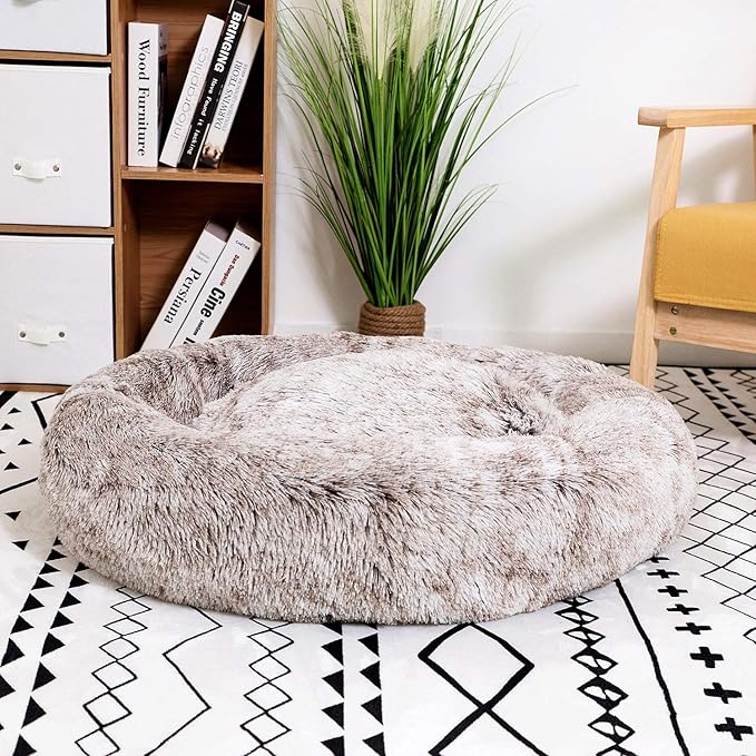 Coohom Oval Calming Donut Cuddler Dog Bed Bed(30"/36"/43") for (L(30"x24"x8"),Light Brown)