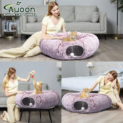 AUOON Cat Tunnel Bed with Central Mat,Big Tube Playground Toys,Soft Plush Material,Full Moon Shape for Kitten,Cat,Puppy,Rabbit,Ferret (Rosiness)