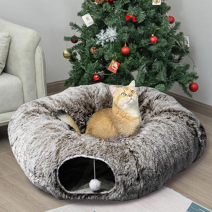 AUOON Cat Tunnel with Central Mat,Big Tube Playground Toys,Soft Plush Material,Full Moon Shape for Kitten,Cat,Puppy,Rabbit,Ferret (Brown)