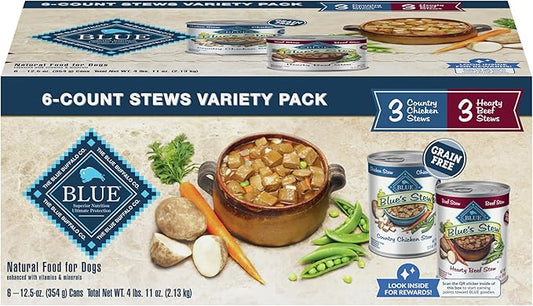 Blue Buffalo Blue's Stew Natural Wet Dog Food, Made with Natural Ingredients, Hearty Beef and Country Chicken Variety Pack, 12.5-oz. Cans, 12 Count