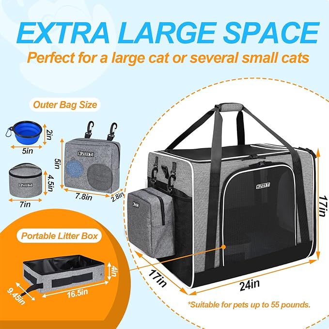 Petskd Large Pet Carrier 24"x17"x17" for Large Cats, Pet Carrier for 2 Cats or Medium Dog, Cat Carrier for Car Travel with Litter Box and Bowl, Cat Soft Carrier with Locking Safety Zipper