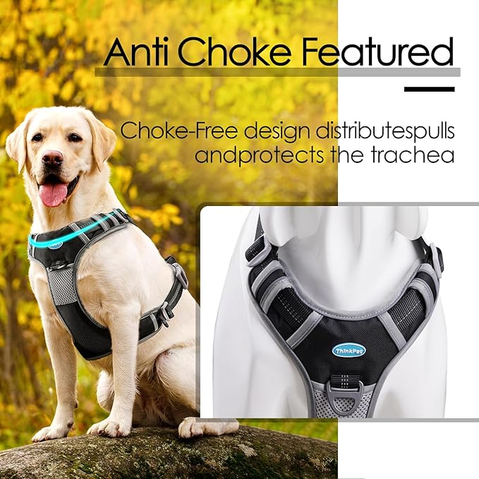 ThinkPet No Pull Harness Breathable Sport Harness with Handle-Dog Harnesses Reflective Adjustable for Medium Large Dogs,Back/Front Clip for Easy Control L Black