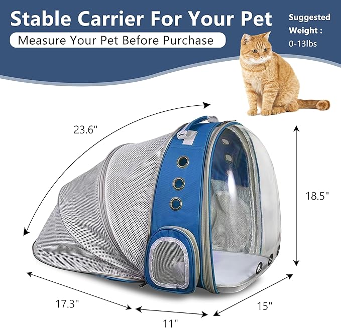 TOYSINTHEBOX Cat Backpack Carrier, Expandable Pet Bubble Backpack for Cat Small Dog Pet Travel Carrier Breathable Carrying Bag for Hiking, Travelling, Walking, Camping & Outdoor Up to 13 Lbs Blue